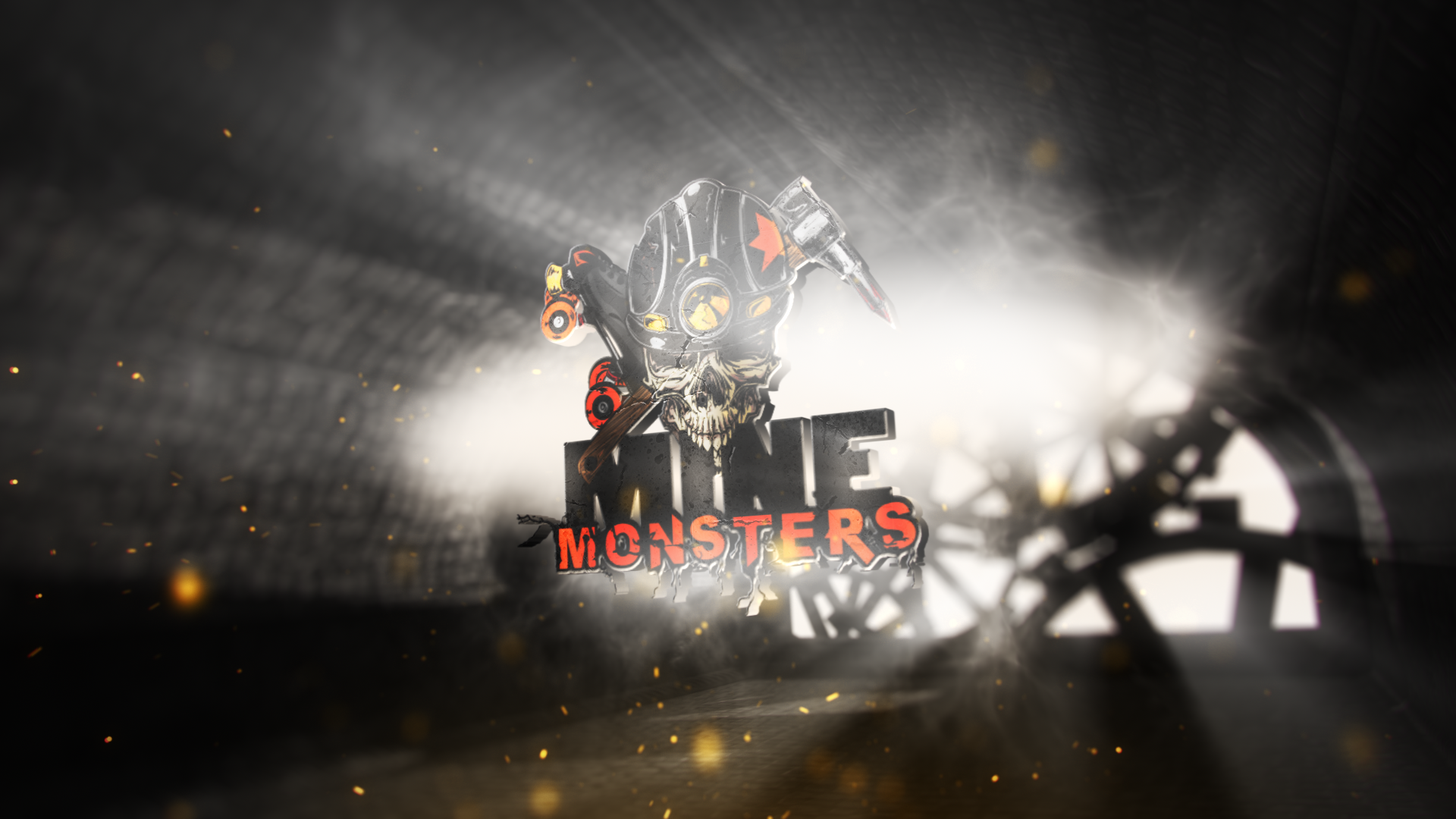 Bild: Ein 3D-Rendering des Mine Monsters Logos. Das Logo zeigt einen menschlichen Schädel mit Minenarbeiterhelm vor einem überkreuzten Set aus Spitzhacke und Rollschuh zeigt, der sich in dem schwarzen "Mine" aus Großbuchstaben verbeißt. Darunter befindet sich in destruktiv anmutender Schrift ein "Monsters" in signal-organenen Großbuchstaben. Das Logo ist gesondert inszeniert und schwebt in einer 3D-gerenderten Untergrundpassage vor einer Rauchwolke.