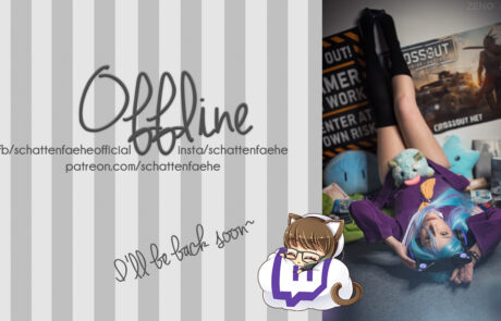 Bild: Ein vollflächiges Bild als Platzhalter für einen Stream in der Offline-Zeit. Die linke Seite ist großflächig im dicken Streifenmuster (Hellgrau und Mittelgrau) gehalten und zeigt ein großes handschriftliches "Offline" sowie schriftliche kurzlinks zu den Profilen der Streamerin und ein kleineres handschriftliches und schräges "I'll be back soon". Rechts daneben befindet sich ein Bild der Streamerin im "No Game No Life" Cosplay. Zwischen Bild und Streifenbereich befindet ich am unteren Ende ein Chibi-Katzenmädchen das auf einem großen Kissen auf dem das Twitch Logo platziert ist schläft.