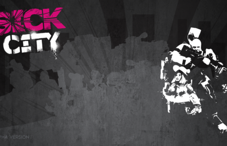 Bild: Ein Bildschrimhintergrund der dunkel die Umrisse aller spielbaren Armeen des Spiels im Hintergrund zeigt, sowie nur die Highlights der zwei Hauptfiguren der Werbekampagne im Vordergrund. Das Logo des Spiels ist groß oben links abgebildet. Unten links befindet sich die Aufschrift "Alpha Version".