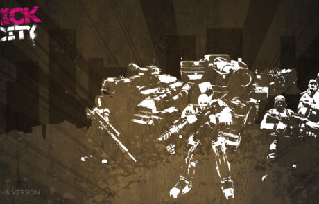 Bild: Ein Bildschrimhintergrund der dunkel eine Stadt im Hintergrund zeigt, sowie nur die Highlights der Truppen einer der Spielbaren Armeen des Bildes, sowie unterschiedlicher Farbsplashes in den Farben der Armee. Das Logo des Spiels ist klein oben links abgebildet. Unten links befindet sich die Aufschrift "Alpha Version".