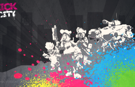 Bild: Ein Bildschrimhintergrund der dunkel eine Stadt im Hintergrund zeigt, sowie nur die Highlights der Truppen einer der Spielbaren Armeen des Bildes, sowie unterschiedlicher Farbsplashes in den Farben der Armee. Das Logo des Spiels ist klein oben links abgebildet. Unten links befindet sich die Aufschrift "Alpha Version".