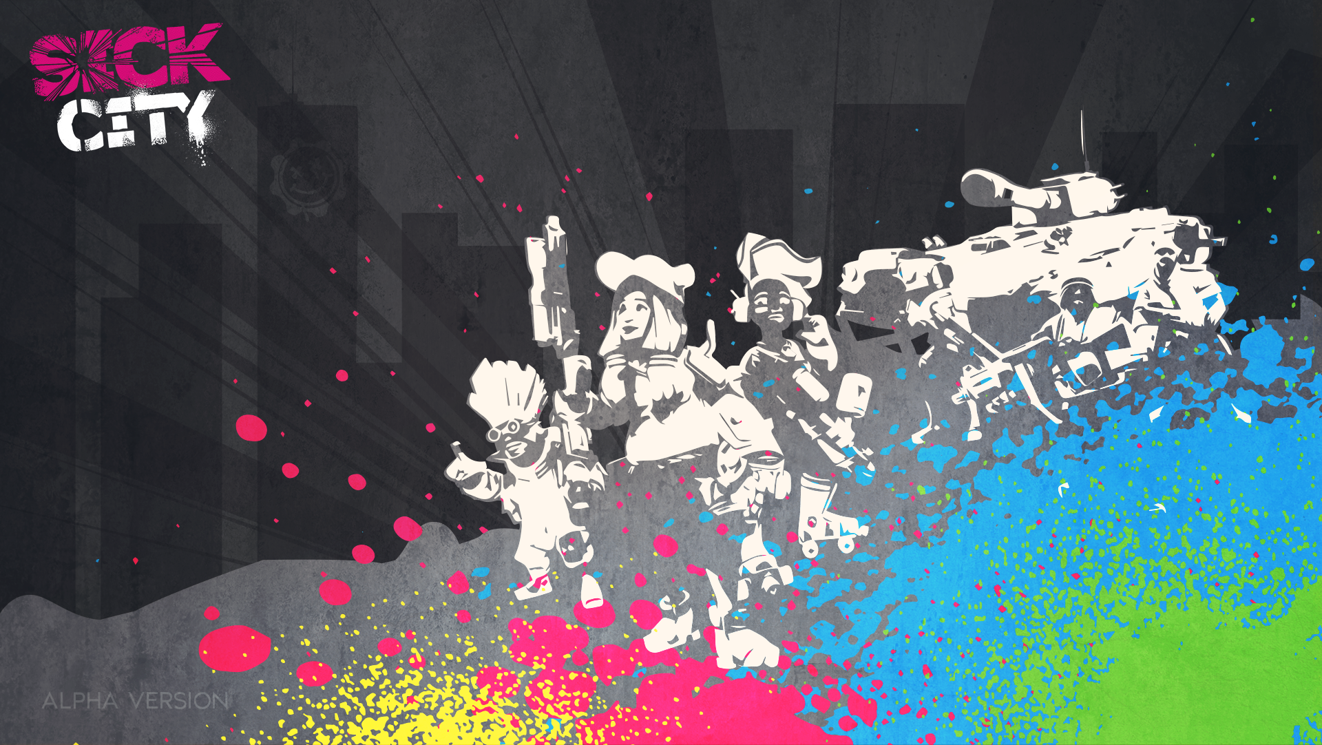 Bild: Ein Bildschrimhintergrund der dunkel eine Stadt im Hintergrund zeigt, sowie nur die Highlights der Truppen einer der Spielbaren Armeen des Bildes, sowie unterschiedlicher Farbsplashes in den Farben der Armee. Das Logo des Spiels ist klein oben links abgebildet. Unten links befindet sich die Aufschrift "Alpha Version".