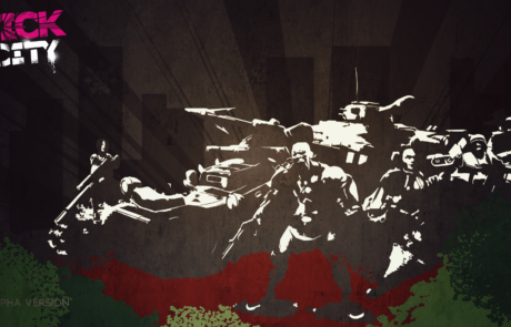 Bild: Ein Bildschrimhintergrund der dunkel eine Stadt im Hintergrund zeigt, sowie nur die Highlights der Truppen einer der Spielbaren Armeen des Bildes, sowie unterschiedlicher Farbsplashes in den Farben der Armee. Das Logo des Spiels ist klein oben links abgebildet. Unten links befindet sich die Aufschrift "Alpha Version".