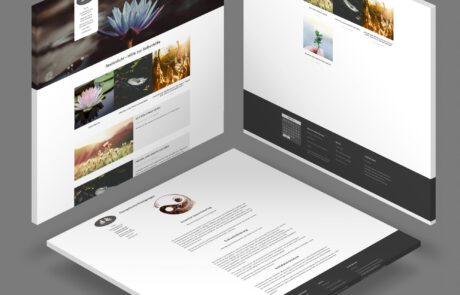 Bild: Die Webseite zu Seelenlicht in einem 3D-Rendering verschiedener Eindrücke der schlichten Blog-zentrierten Seite die wie die Innenseiten eines Würfels angeordnet sind. Zu sehen sind ein Lotus als Header-Hintergrund, gedeckte Farben neben klassischem Weiß, sowie eine der Unterseiten.