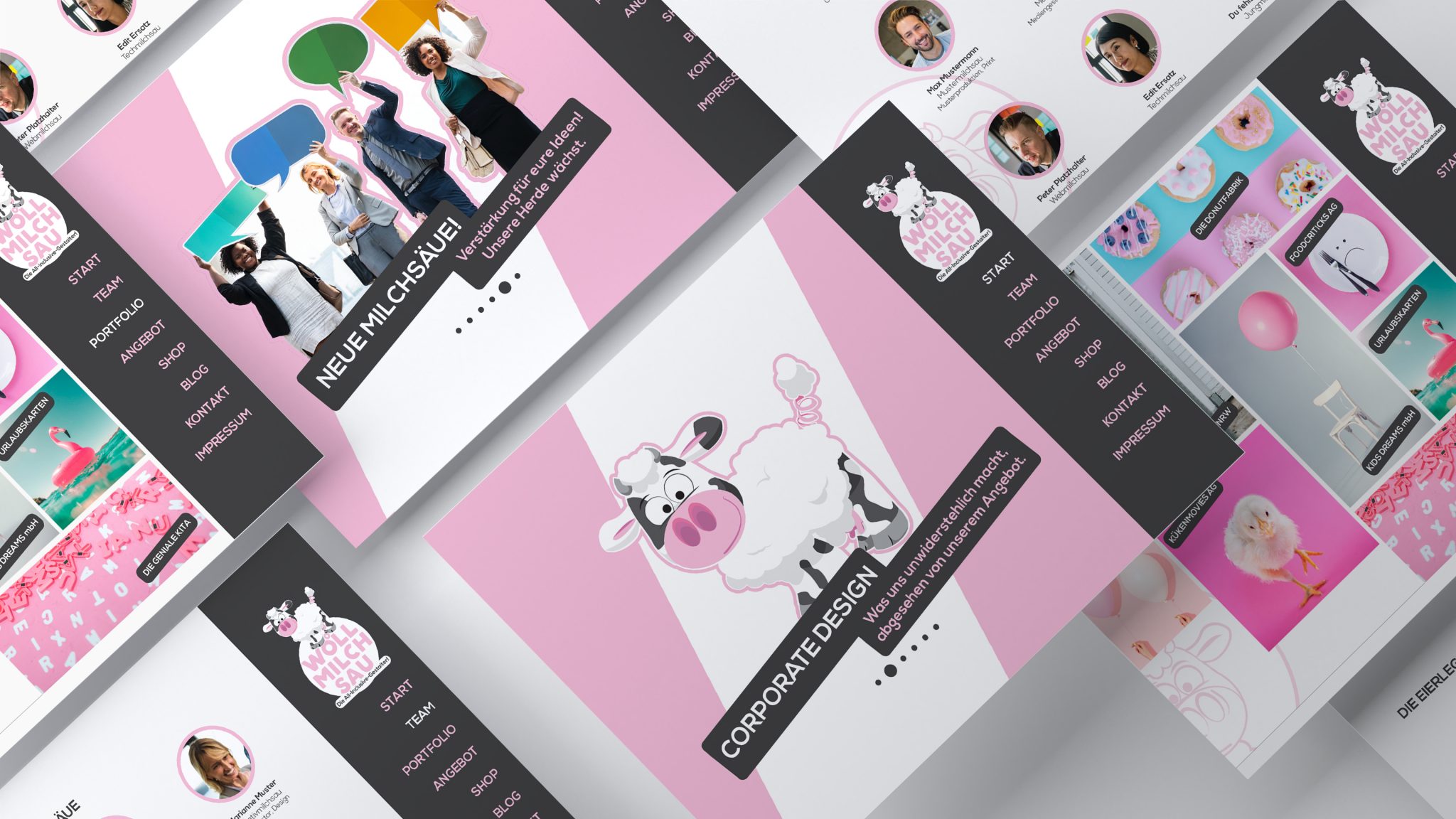Bild: Ein Mockup auf dem verschiedene Eindrücke der fiktiven Webseite zu "Wollmilchsau - die All-Inclusive-Gestalter" zu sehen sind. Hierbei im Fokus die Startseite im vollflächigen Blogbeitragsdesign mit dem Maskottchen sowie dem Text "Corporate Design: Was uns unwiderstehlich macht, abgesehen von unserem Angebot." und einem Beitrag "Neue Milchsäue! Verstärkung für eure Ideen! Unsere Herde wächst." nebst abseits des Fokuspunktes liegenden Mitarbeiterübersichten und Portfolioseiten.