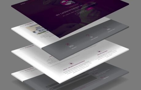 Bild: Eine scheibenweise Ansicht des Onepager Webdesigns für den lackierermeister aufgeteilt in Header, Über uns, Leistungen und Kontakt.